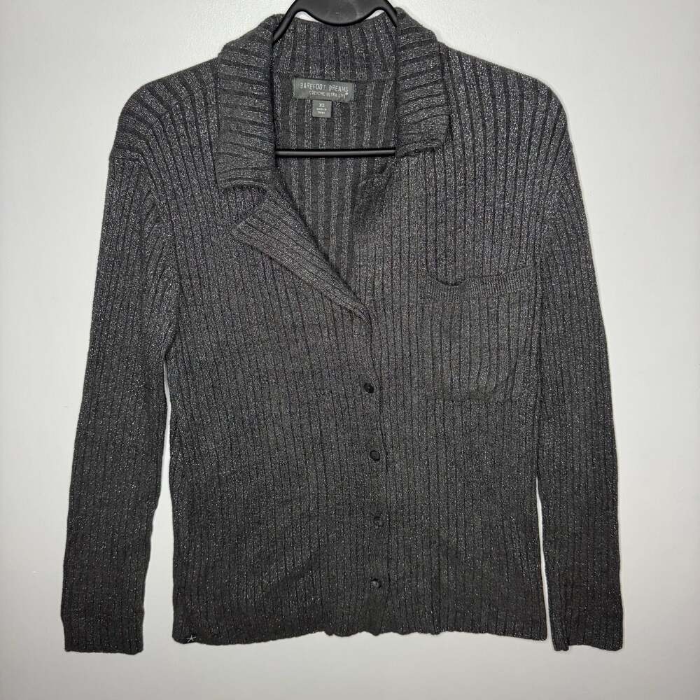 Barefoot Dreams CozyChic Ultra Lite Lurex Rib Button Front Shirt Carbon XS